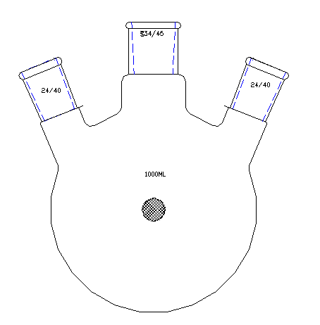 斜三口球瓶,厚壁高强度,中间磨口:34/45,侧磨口:24/40,1000ml