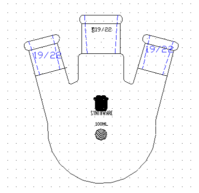 斜三口球瓶,厚壁高强度,中间磨口:19/22,侧磨口:19/22,100ml